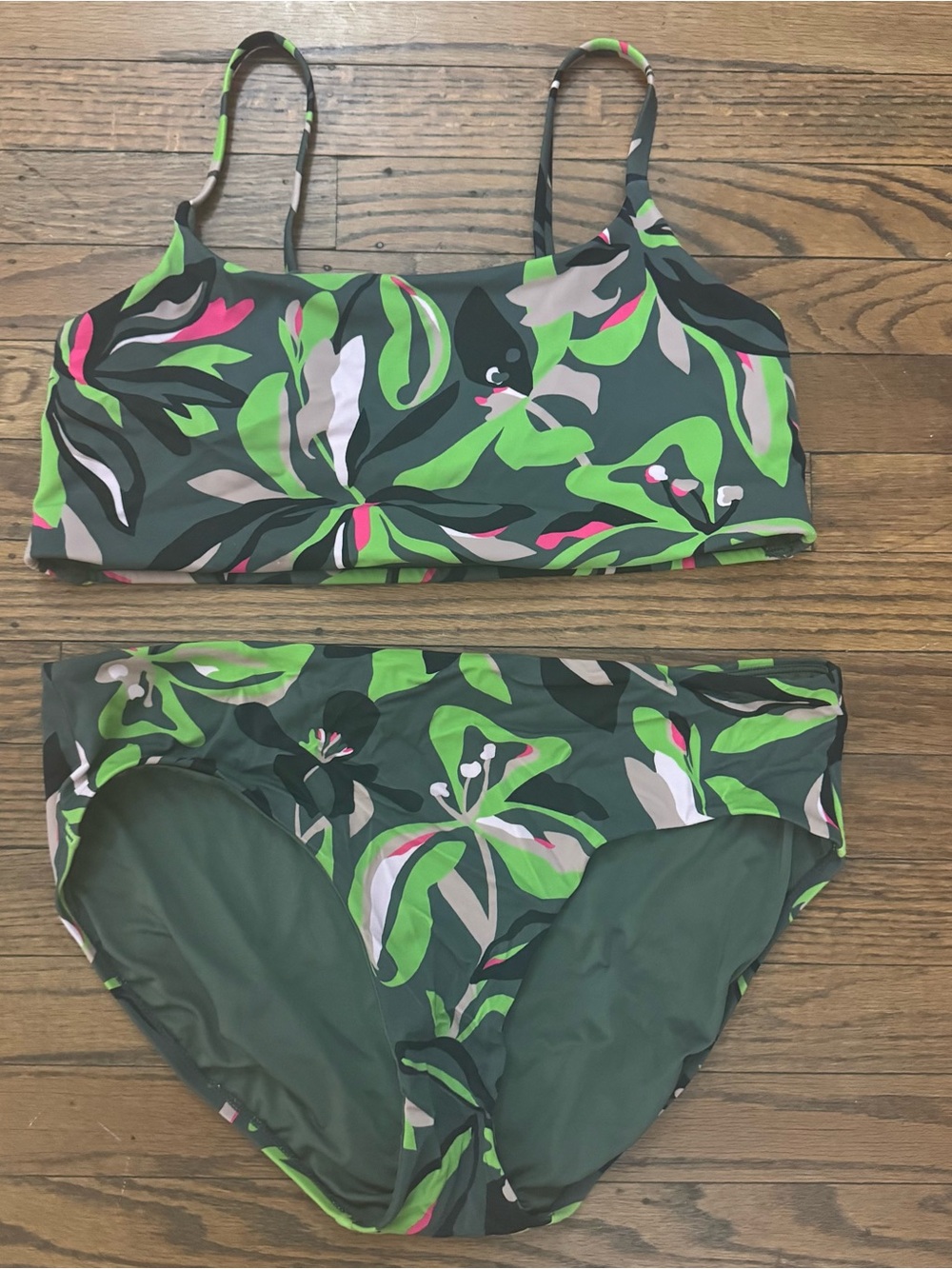 Athleta Scoop Bikini Top and Clean Full Swim Bottom in Deep Fern Floral L EUC